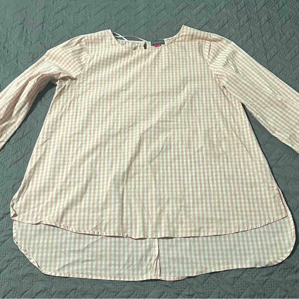 Vince Camuto Gingham Tie Sleeve Blouse Rich Pink&White Women’s Size S Career‎